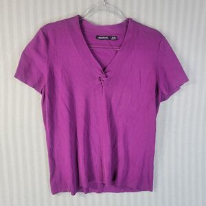 Notations Shirt Size XL Purple Knit Twist Collar Short Sleeves Pullover V-Neck